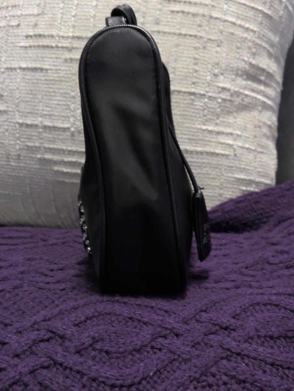 Designer Inspired Black Nylon Shoulder Bag with Silver Chain Strap - Picture 2 of 7